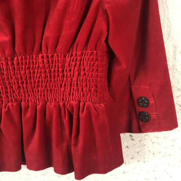 Elevenses Jacket Womens 6 Red Velvet Peplum Button Up Smocked Waist Boho Elegant - Picture 6 of 11